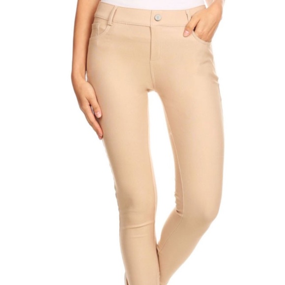 Women Camel Denim-look Stretchy Legging with Pockets - Picture 1 of 6